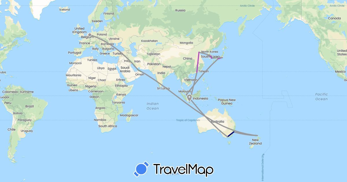 TravelMap itinerary: driving, bus, plane, train in United Arab Emirates, Australia, China, Germany, Indonesia, Japan, South Korea, New Zealand, Oman, Singapore (Asia, Europe, Oceania)